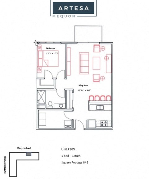 Floor plan for 1 bed, 1 bath, 848 sqft